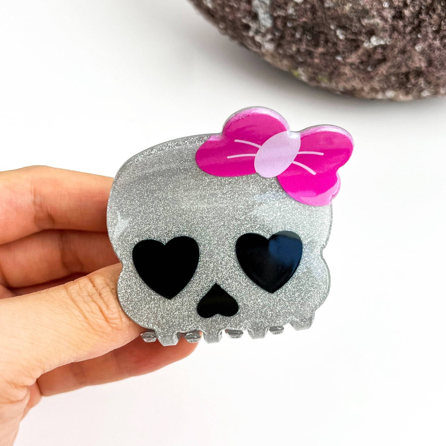 Skull Hair Clip with Heart & Bow