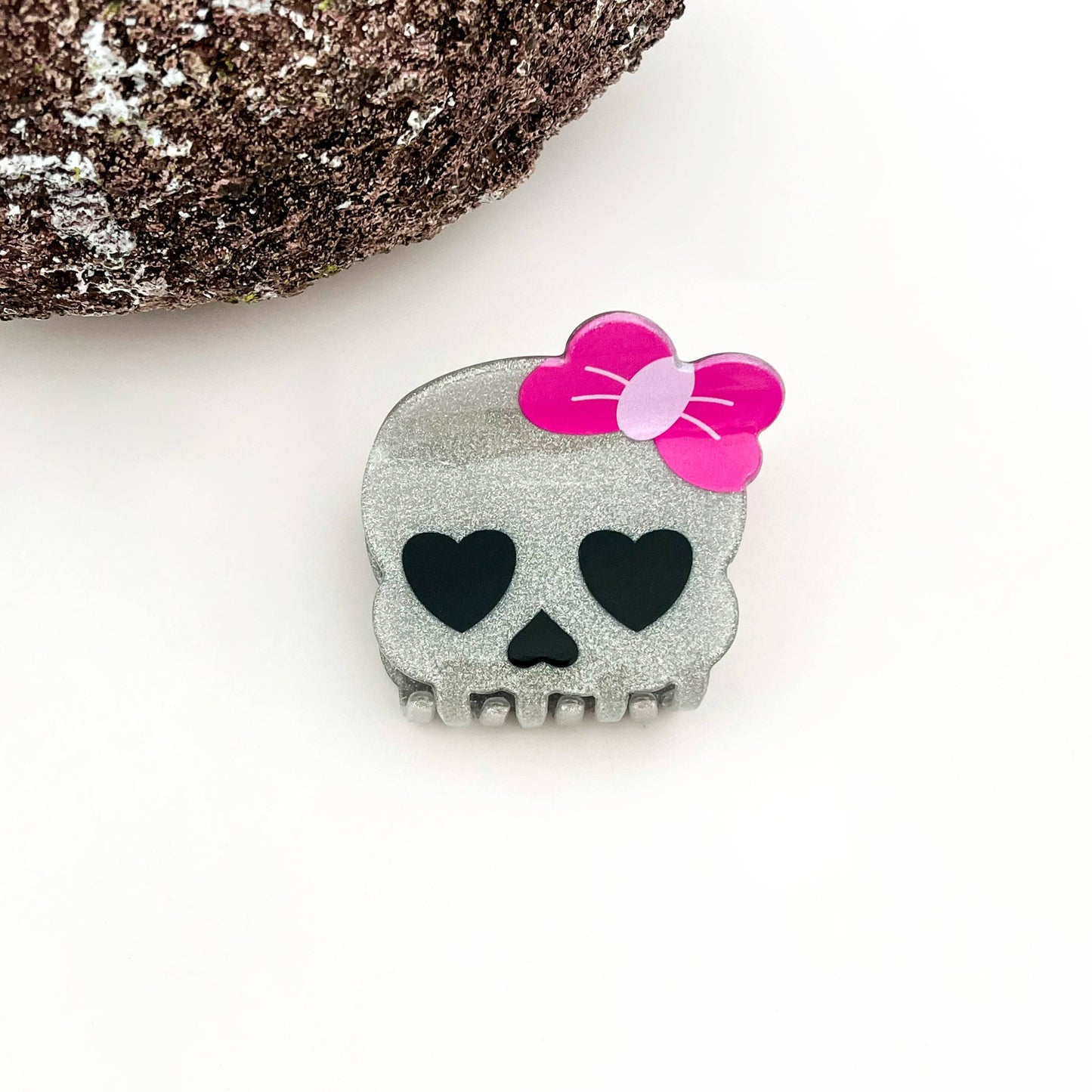 Skull Hair Clip with Heart & Bow