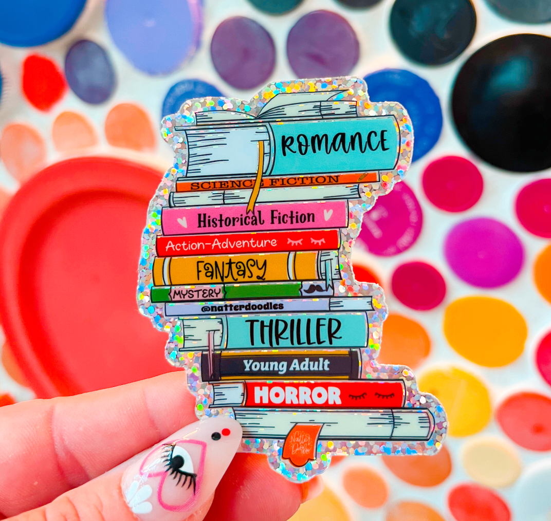 Book Lovers Multi-Genres Stack Sticker - Glitter Waterproof