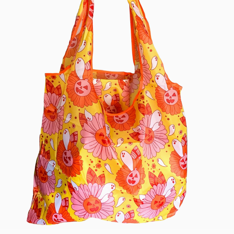 Spooky Retro Ghost Floral Fold-Up Reusable Grocery Bag