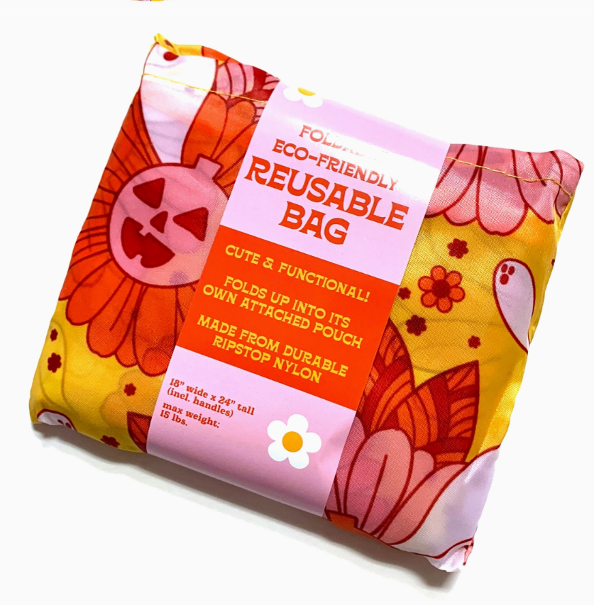 Spooky Retro Ghost Floral Fold-Up Reusable Grocery Bag