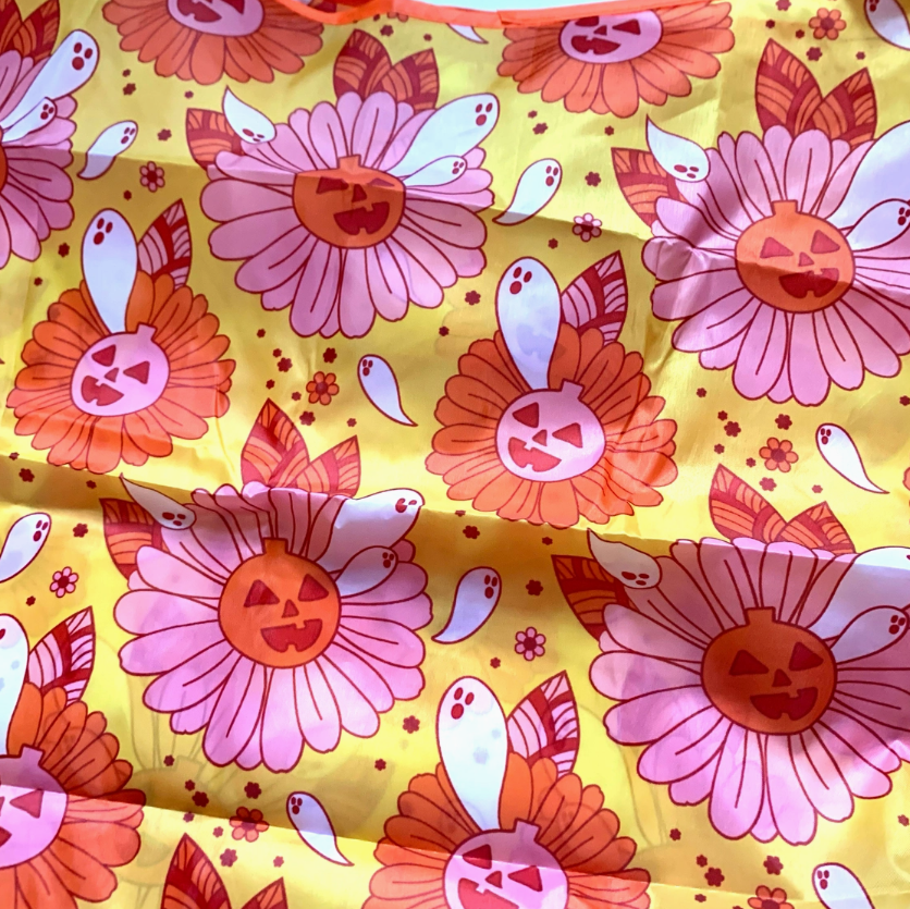Spooky Retro Ghost Floral Fold-Up Reusable Grocery Bag