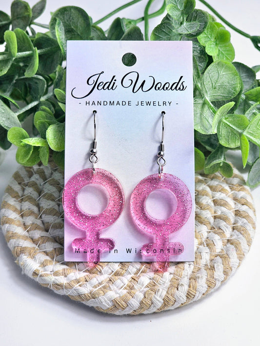 Sparkly Pink Feminist - Female Sign Earrings
