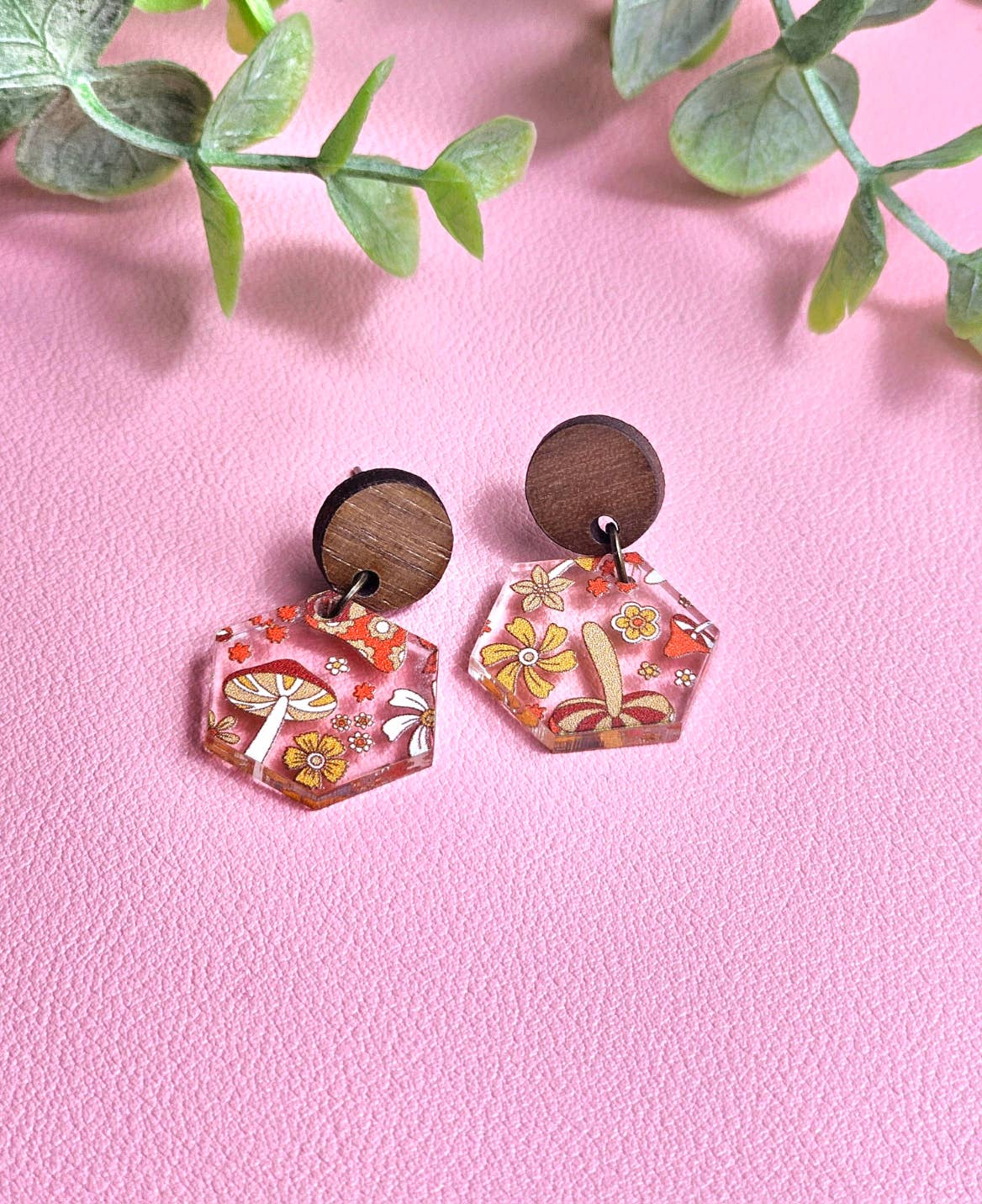Orange Retro Mushroom Earring Dangle with Stud Topper