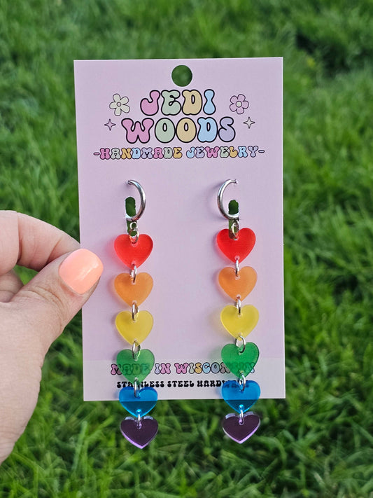 Rainbow Heart Drop Earrings with Gauge Friendly Hardware