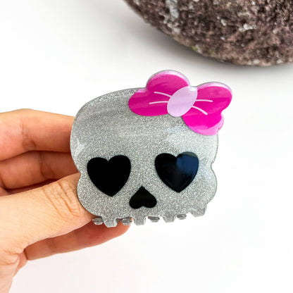 Skull Hair Clip with Heart & Bow