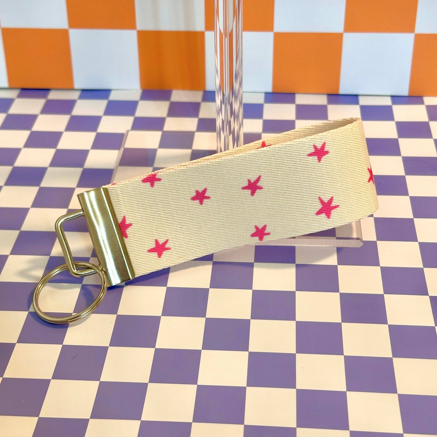 Pink Stars Handmade Wristlet Key Fob Keychain