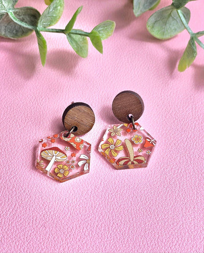 Orange Retro Mushroom Earring Dangle with Stud Topper