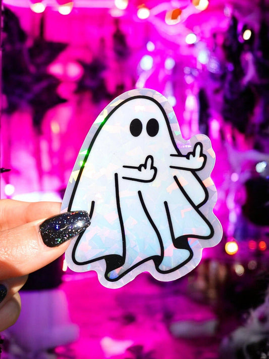 Holographic Ghost Middle Finger Sticker - Halloween Sticker