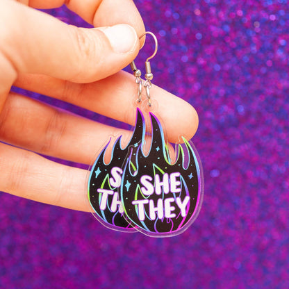 She/They acrylic pronoun earrings