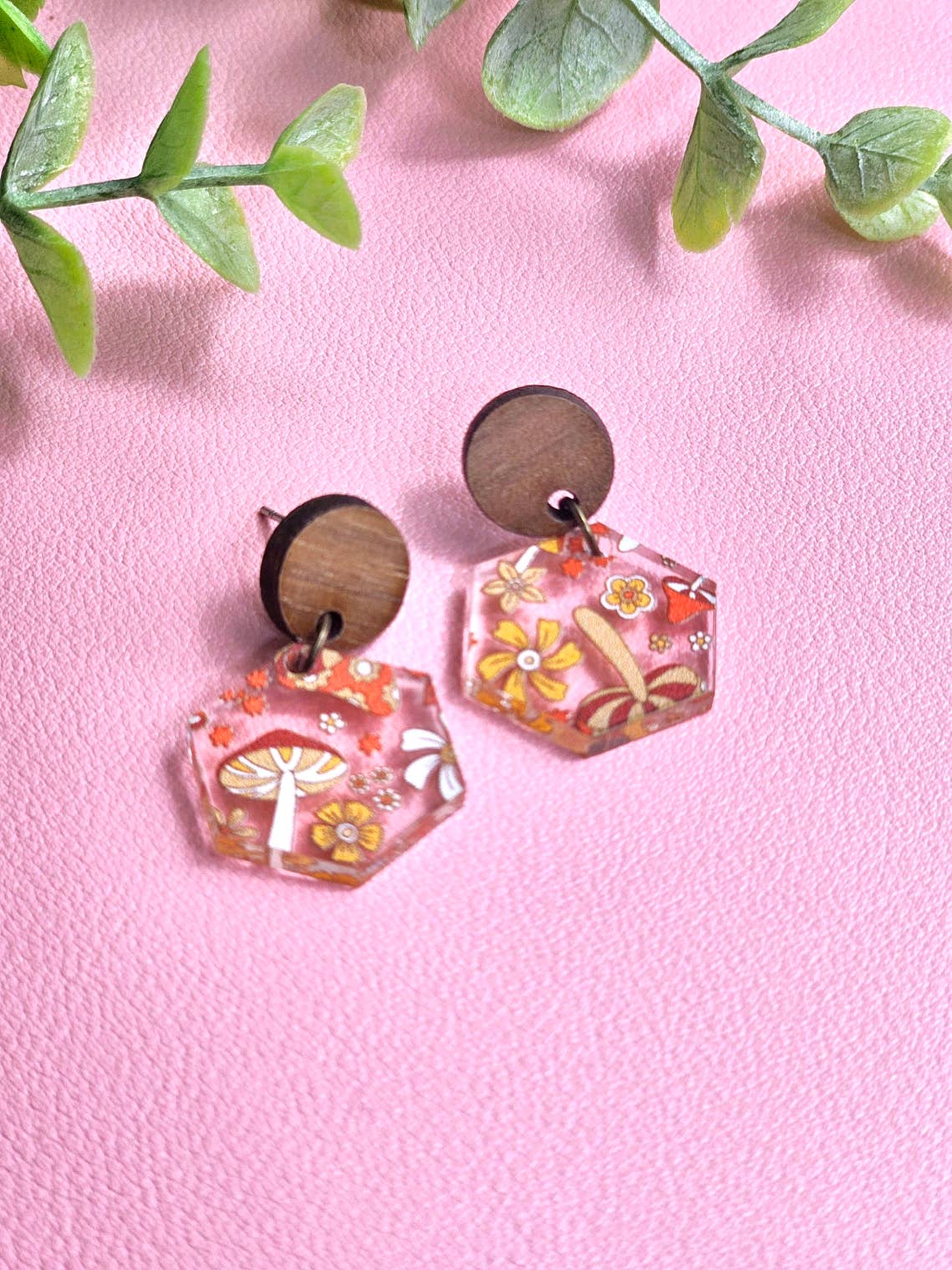 Orange Retro Mushroom Earring Dangle with Stud Topper