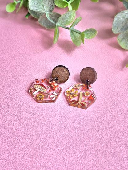 Orange Retro Mushroom Earring Dangle with Stud Topper