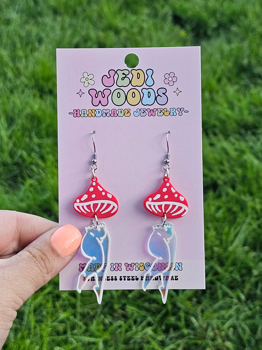 Mushroom Lady Earrings with Red and Irredescent Acrylic