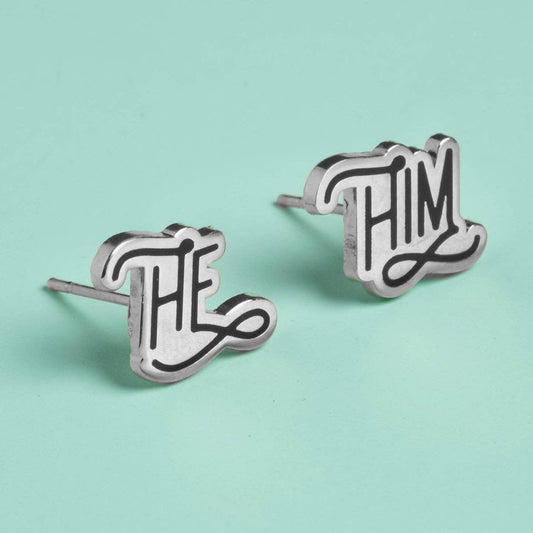 Pronoun Post Earrings Silvertone - He/Him