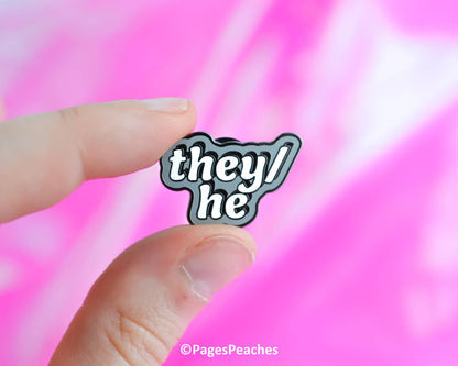 They/He Pronoun Hard Enamel Pin Silver
