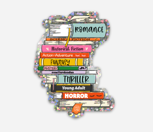 Book Lovers Multi-Genres Stack Sticker - Glitter Waterproof