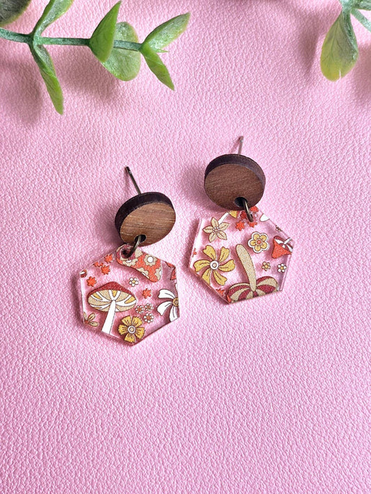Orange Retro Mushroom Earring Dangle with Stud Topper