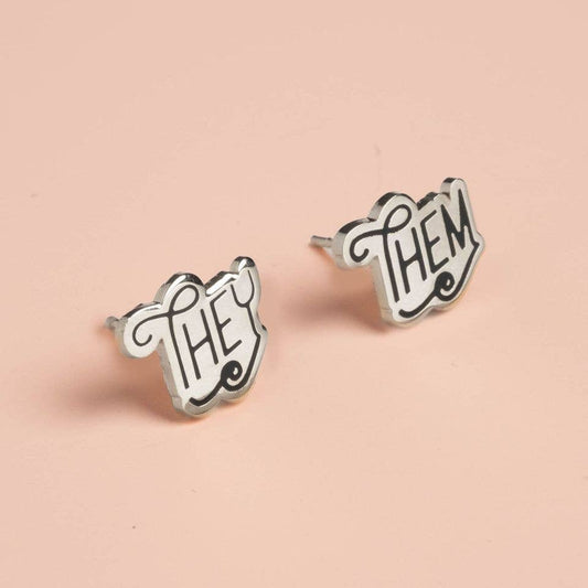 Pronoun Post Earrings Silvertone - They/Them