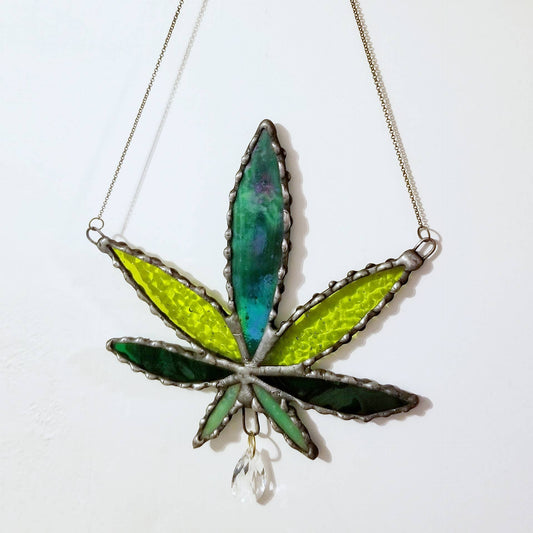 Hemp leaf design stained glass suncatcher or incense holder
