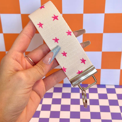 Pink Stars Handmade Wristlet Key Fob Keychain